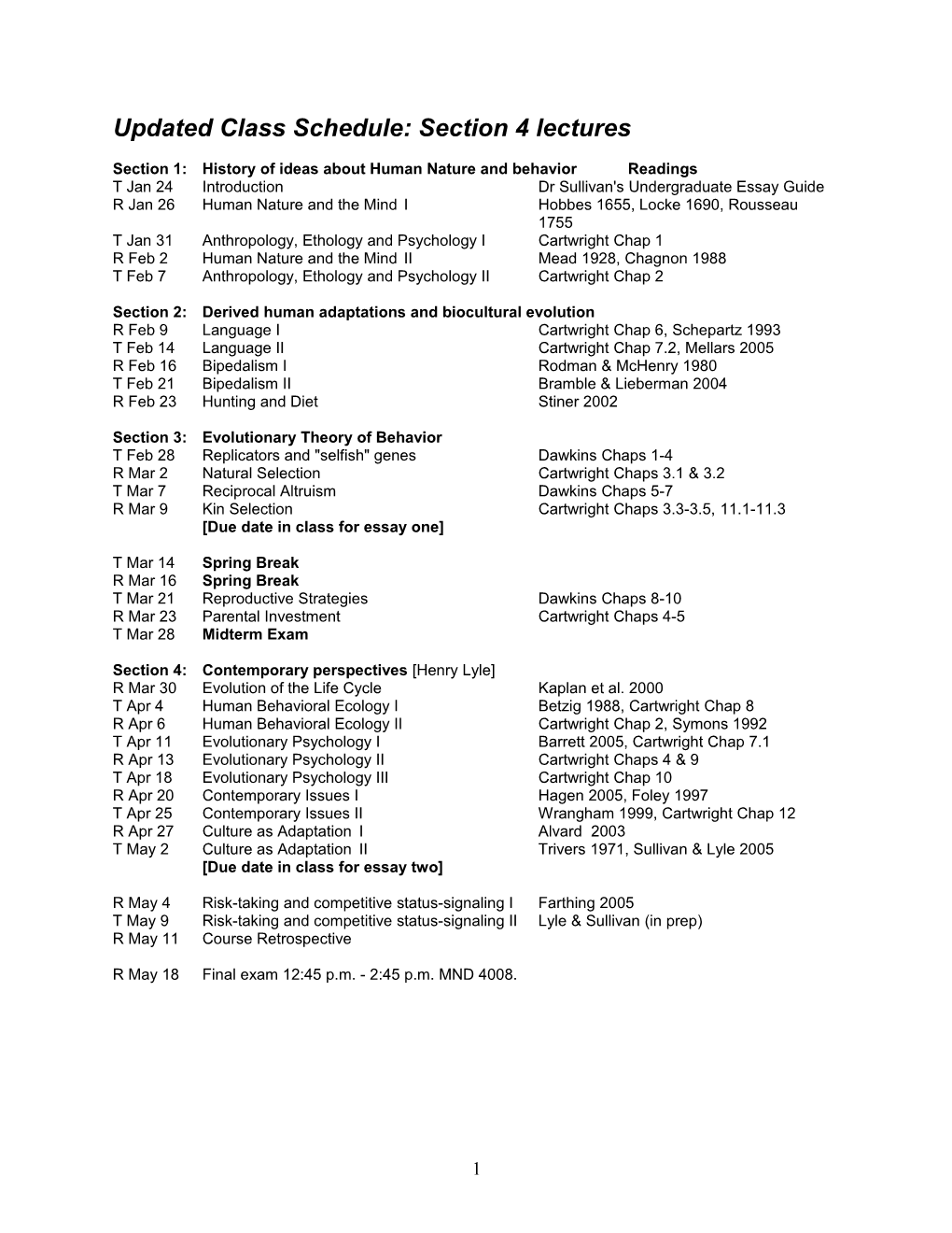Updated Class Schedule: Section 4 Lectures