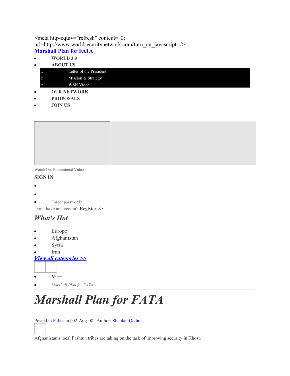 Marshall Plan for FATA Conflict Resolutions and World Security Solutions