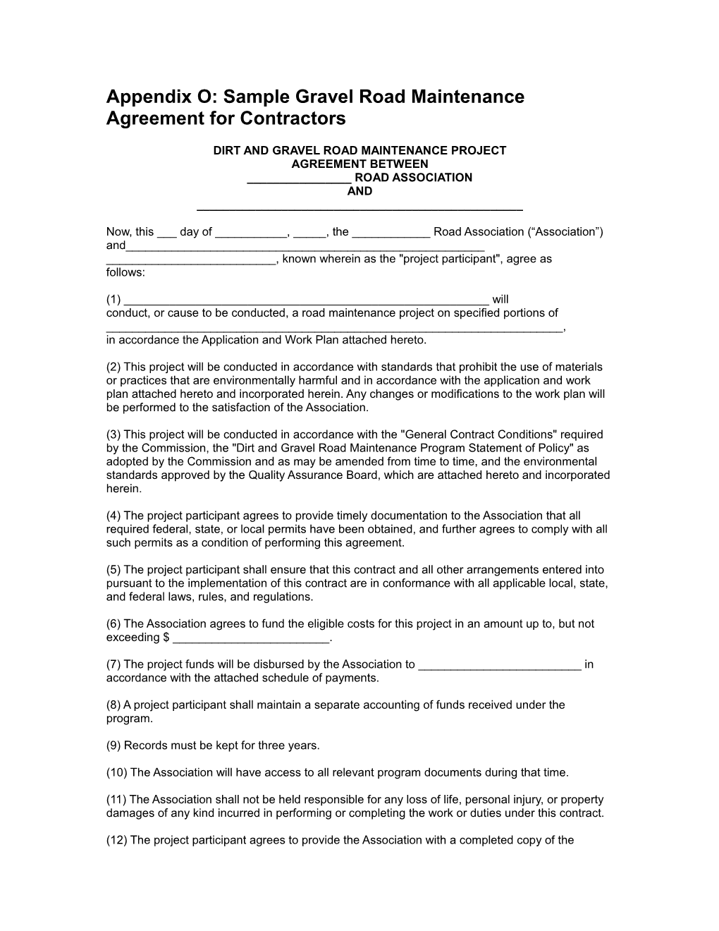 Appendix O: Sample Gravel Road Maintenance Agreement for Contractors
