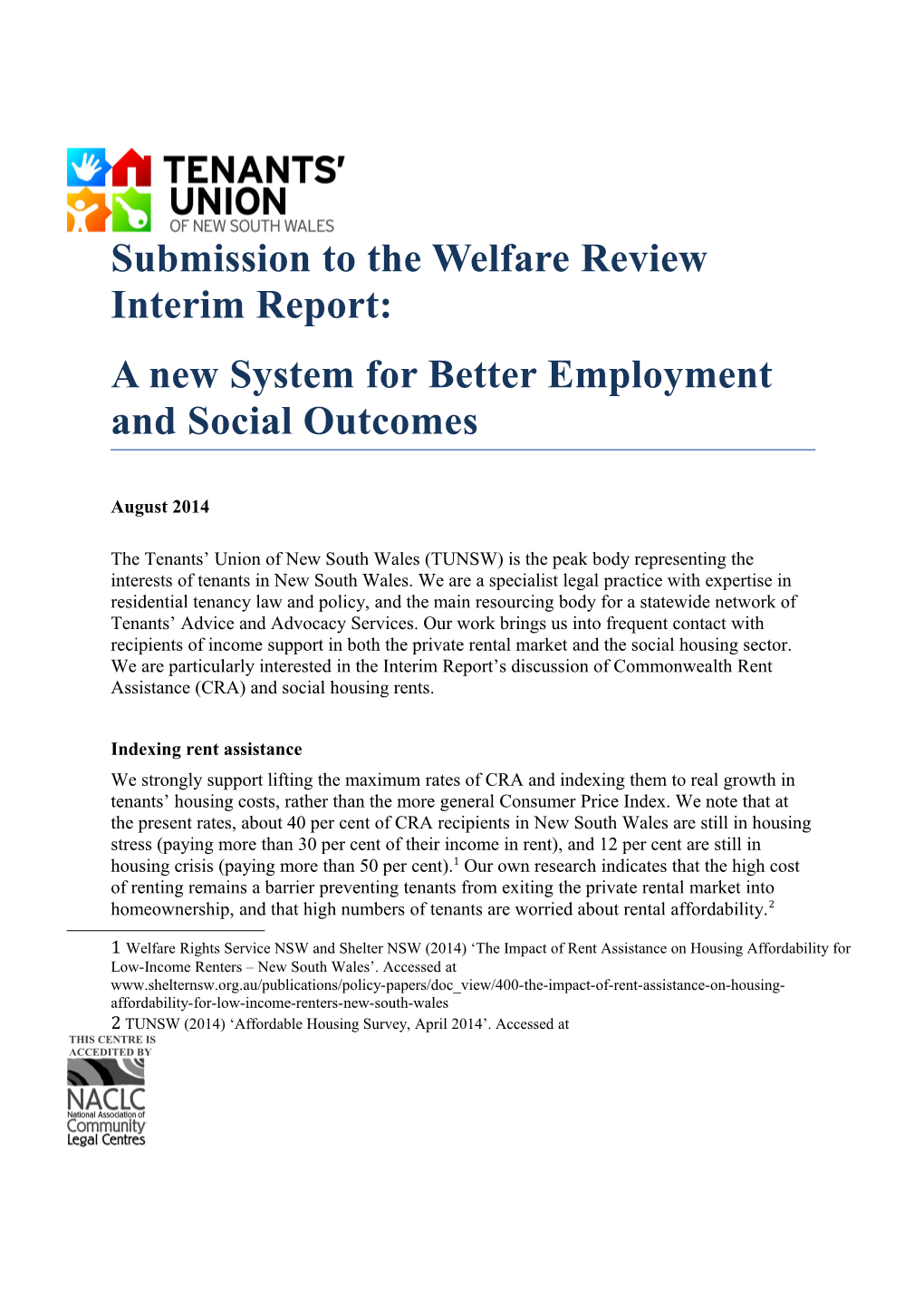 Submission to the Welfare Review Interim Report