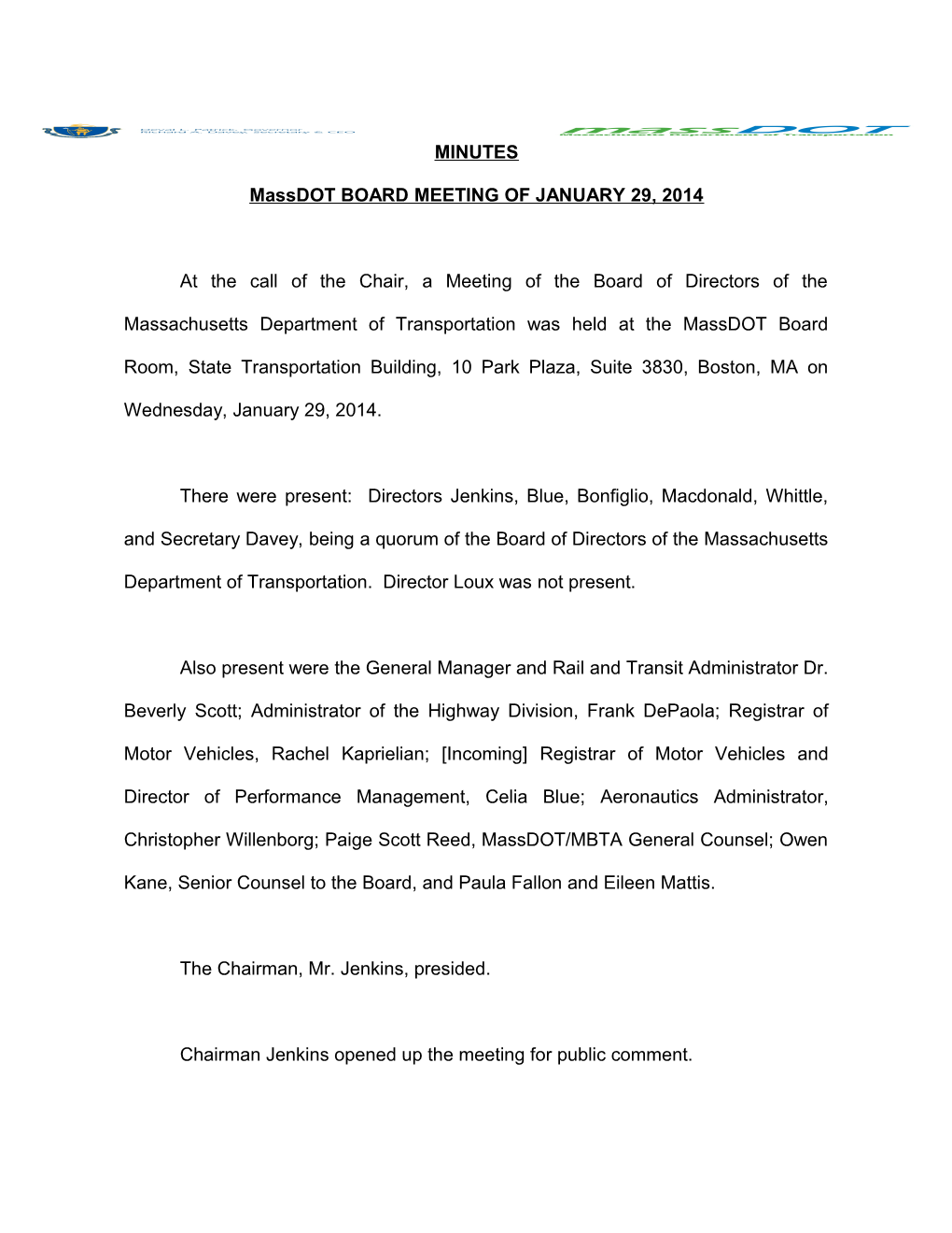 Massdot BOARD MEETING of JANUARY 29,2014