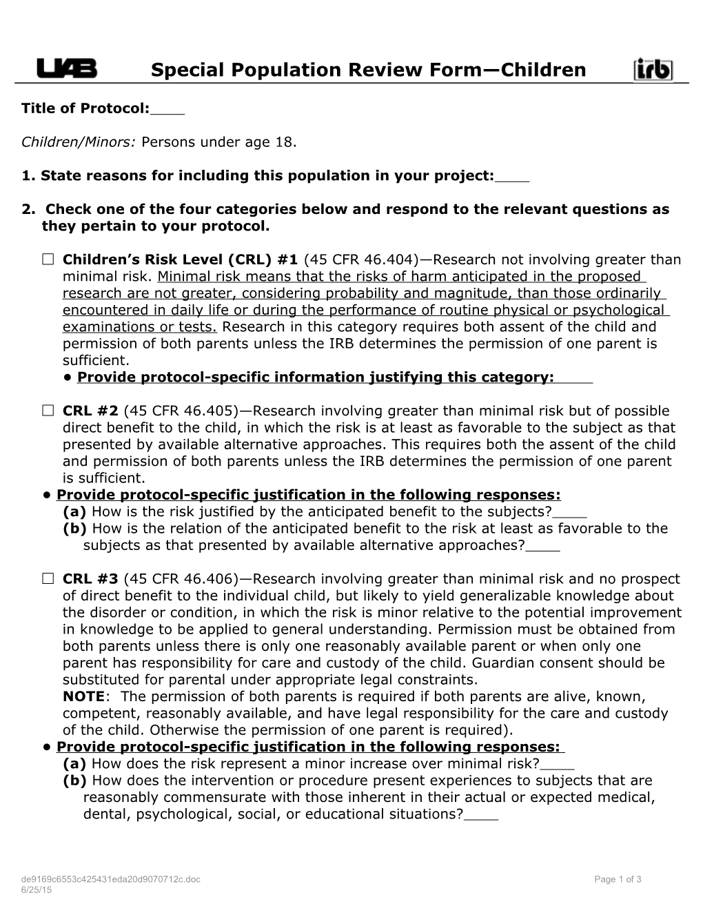 Special Population Review Form Children (FOR222)