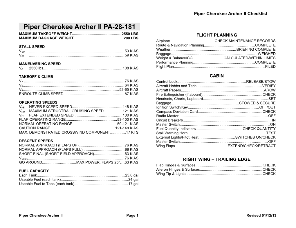 Piper Cherokee Archer II Checklist
