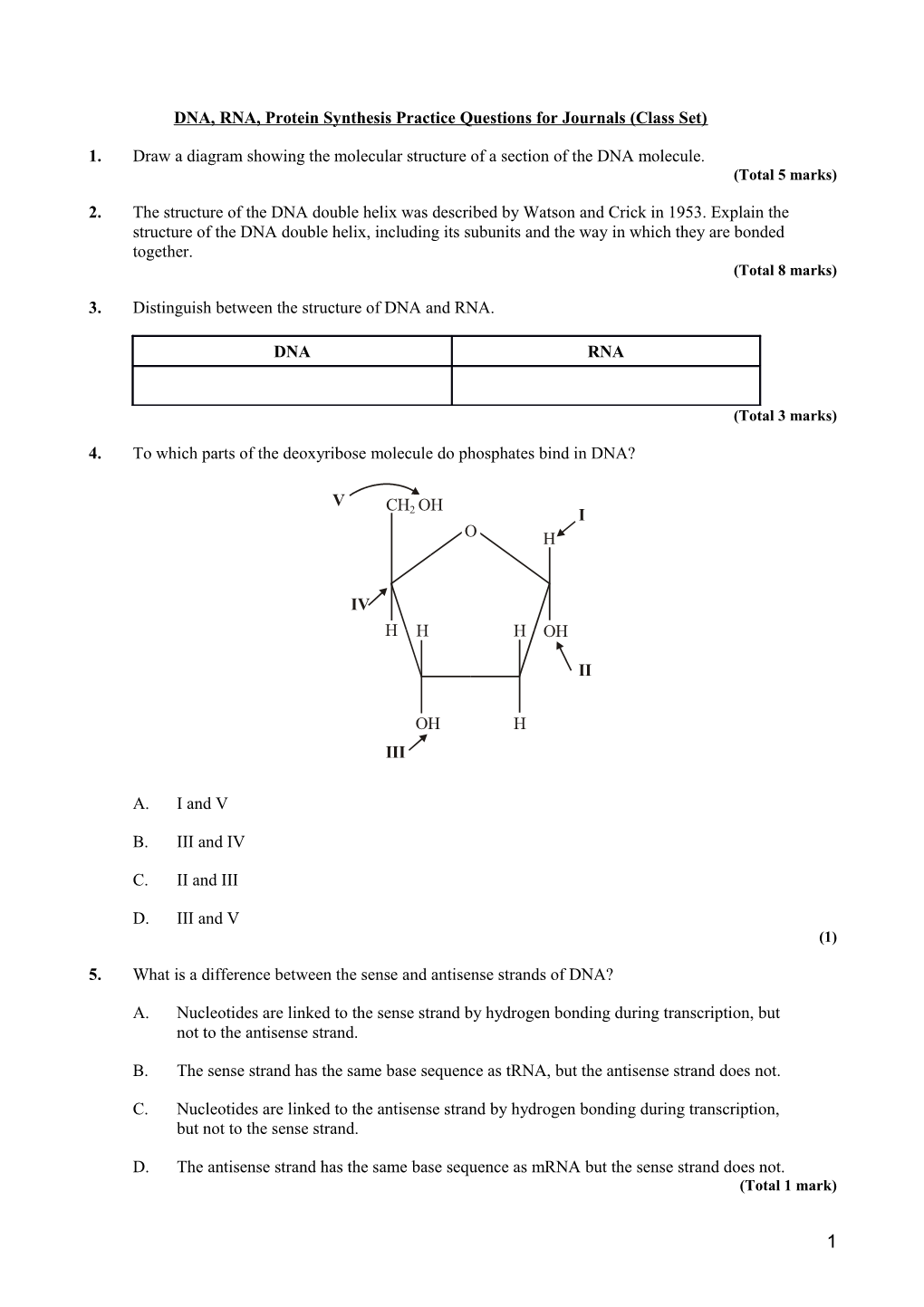 DNA, RNA, Protein Synthesis Practice Questions for Journals (Class Set)