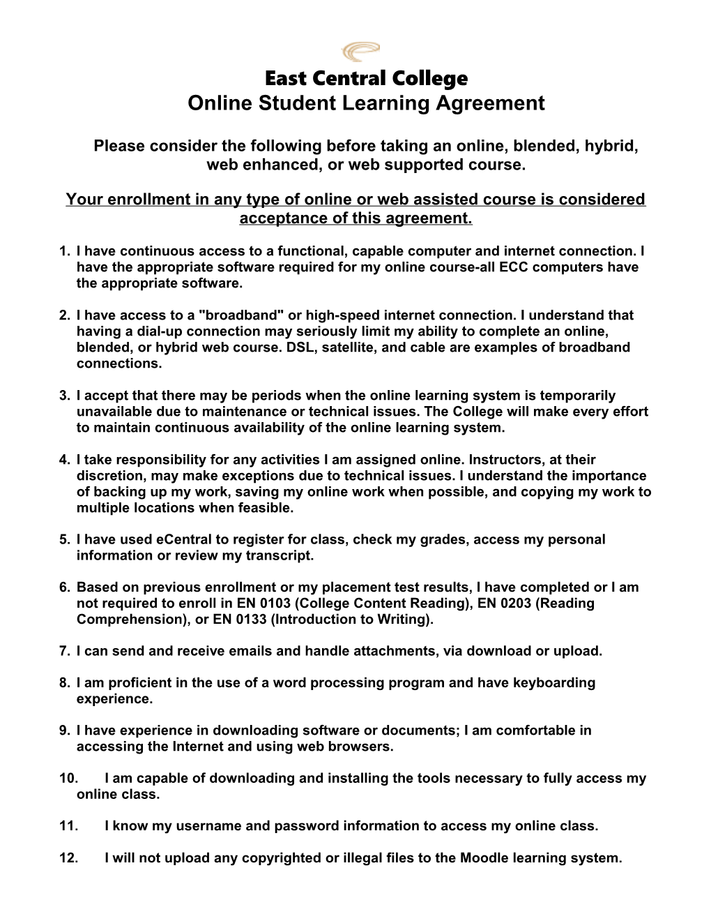 East Central College Online Student Learning Agreement Please Consider the Followingbefore