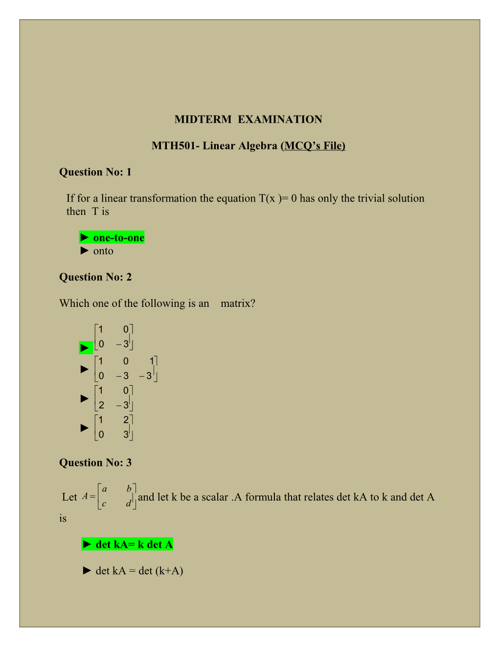 MTH501- Linear Algebra (MCQ S File)
