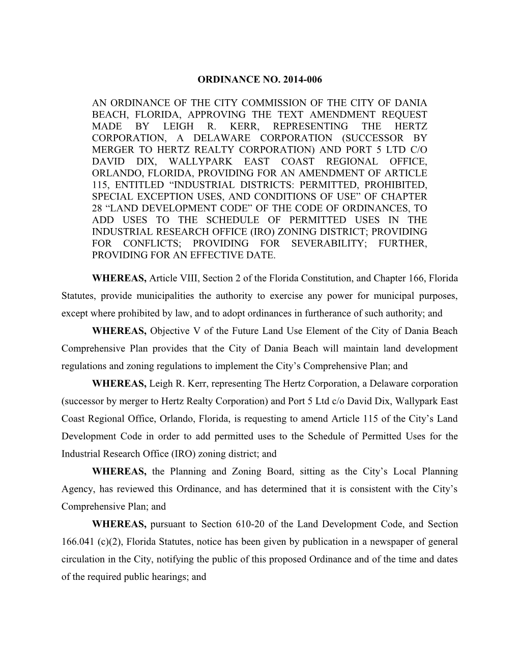An Ordinance of the City Commission of the City of Dania Beach, Florida, Approving The