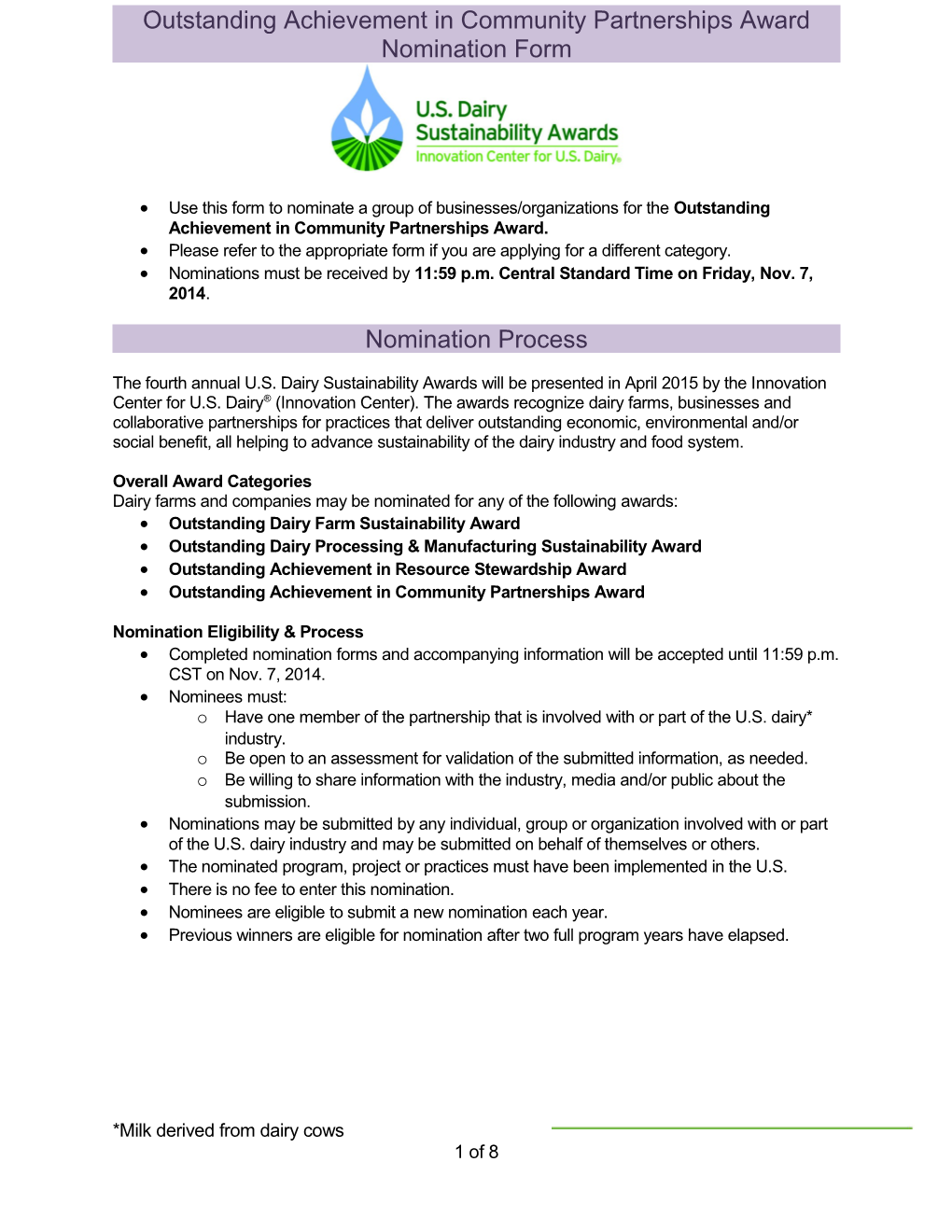 U.S. Dairy Sustainability Awards Outstanding Dairy Farm Sustainability Nomination Form