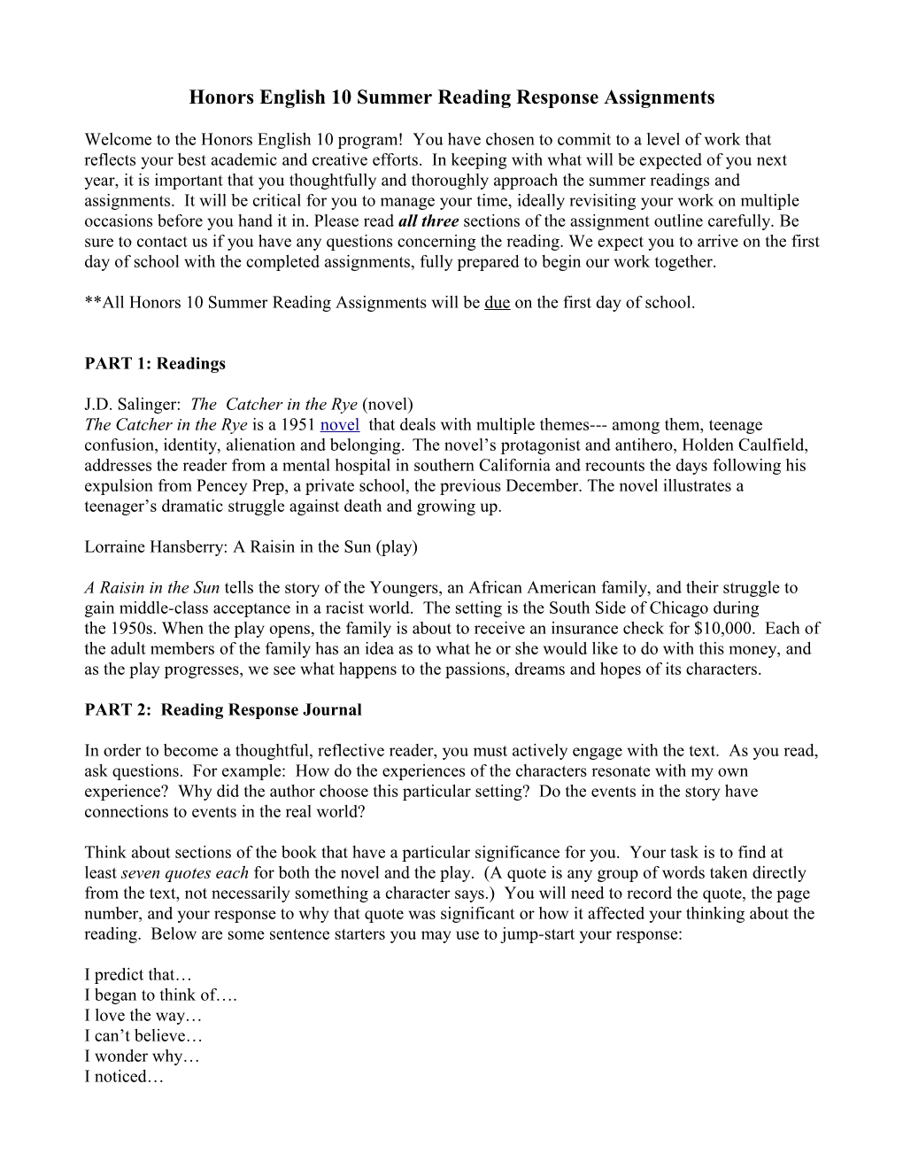 Honors English 10 Summer Reading Response Assignments