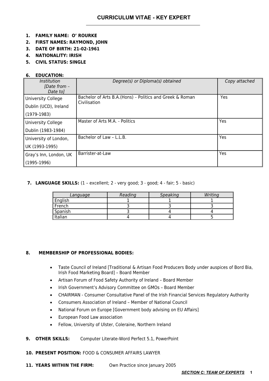 Curriculum Vitae - Key Expert