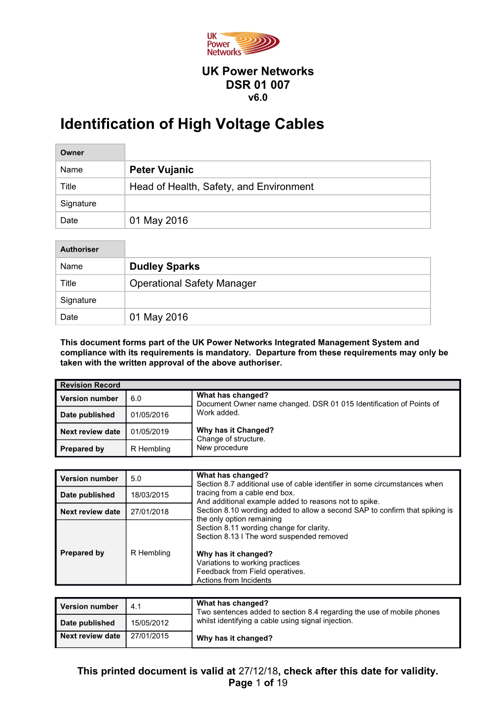 DSR 01 007 Identification of High Voltage Cables