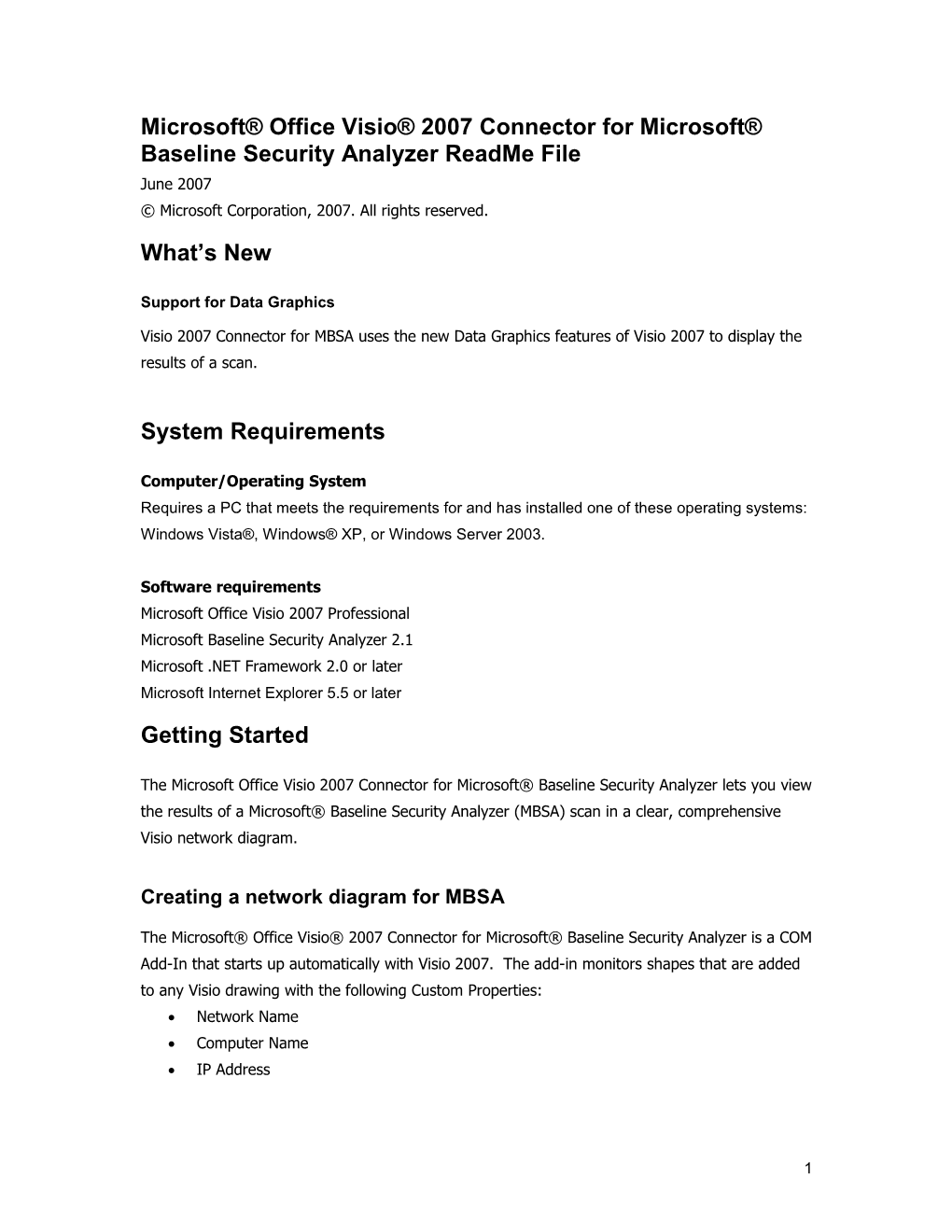 Microsoft Office Visio 2007 Connector for Microsoft Baseline Security Analyzer Readme File