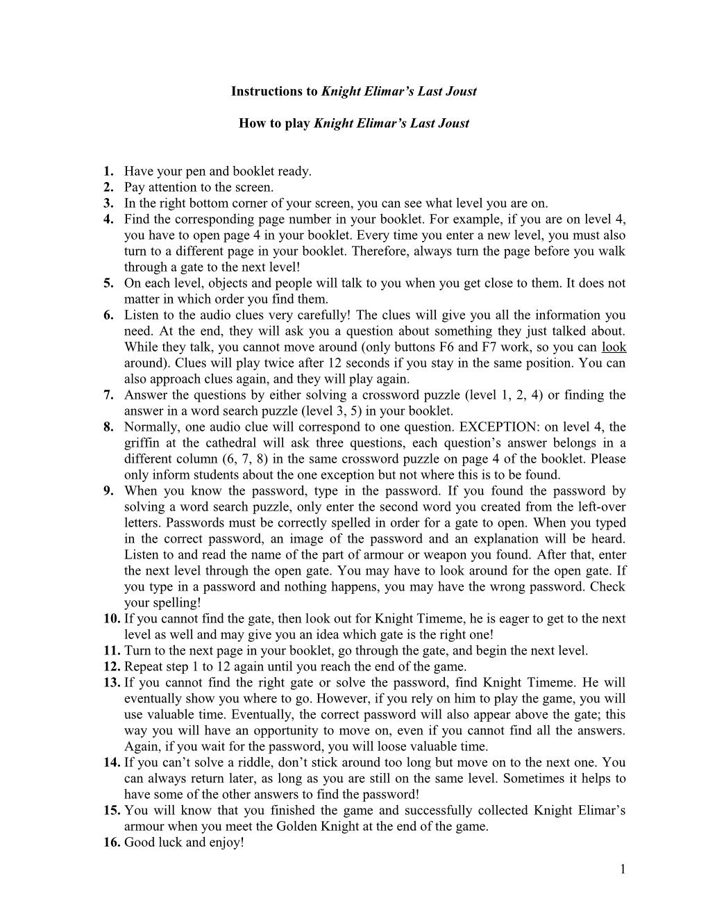Instructions to Knight Elimar S Last Joust