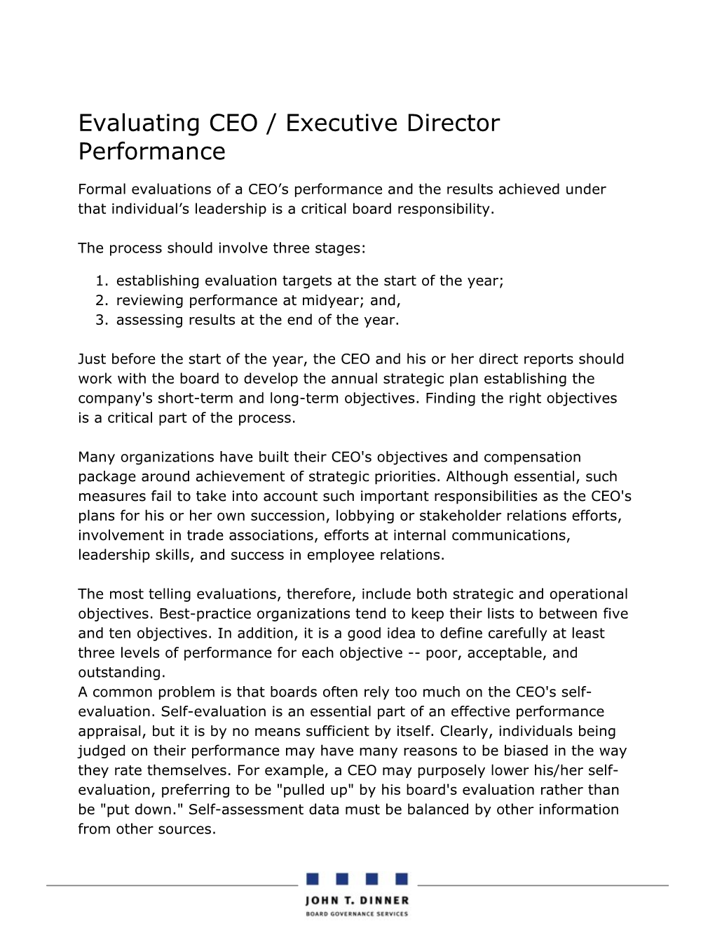Evaluating CEO / Executive Director Performance