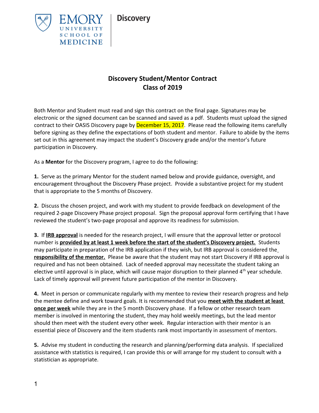 Discovery Student/Mentor Contract