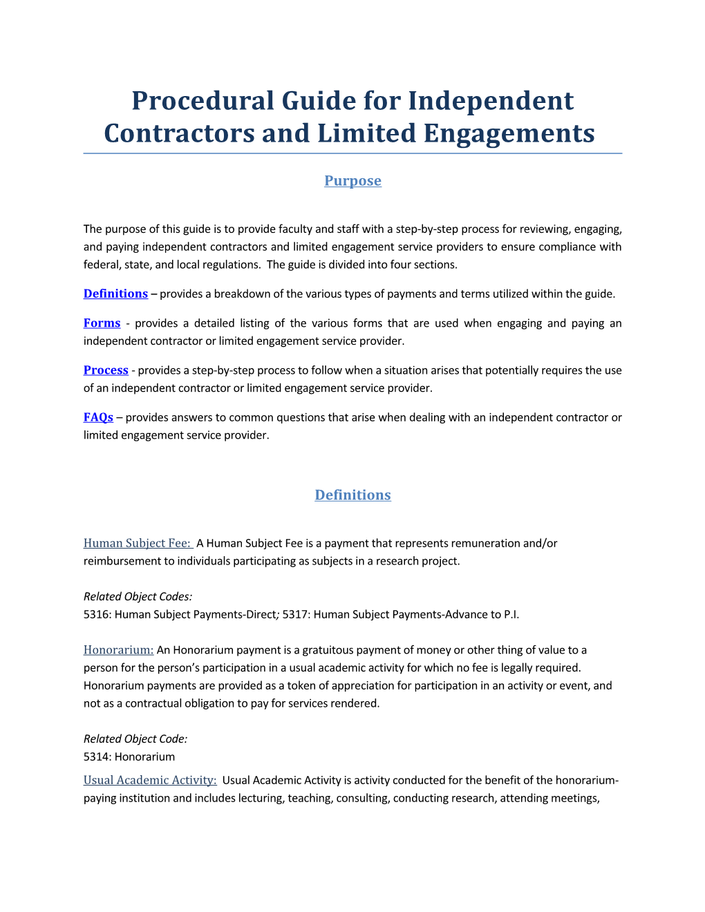 Procedural Guide for Independent Contractors and Limited Engagements