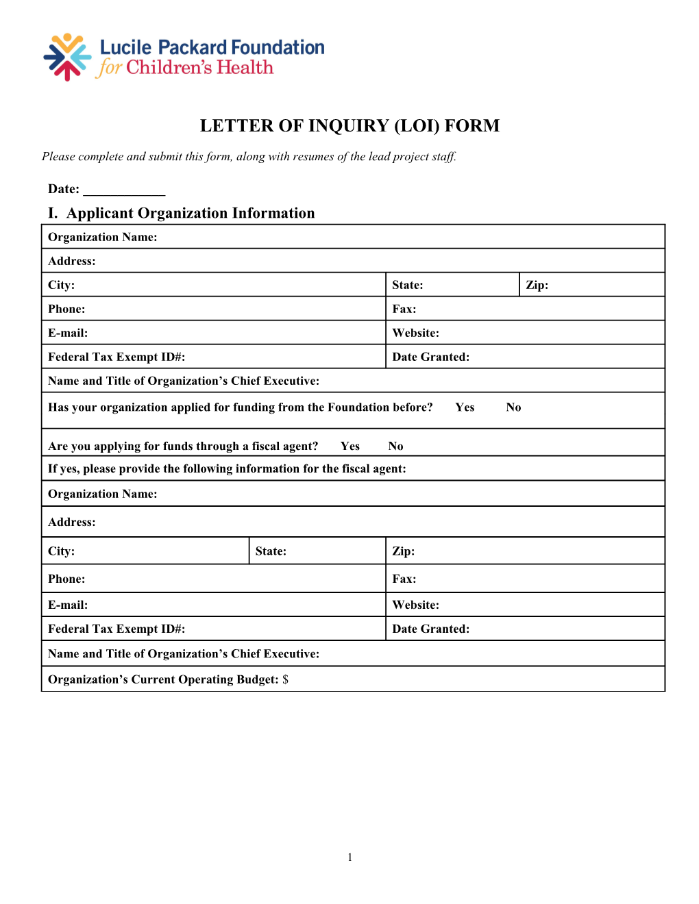 Letter of Inquiry (Loi) Form