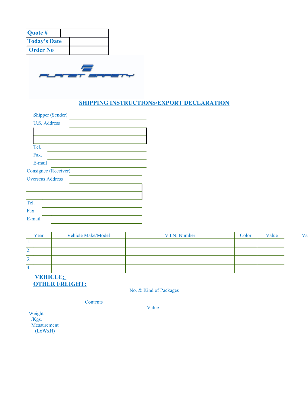 Shipping Instructions/Export Declaration