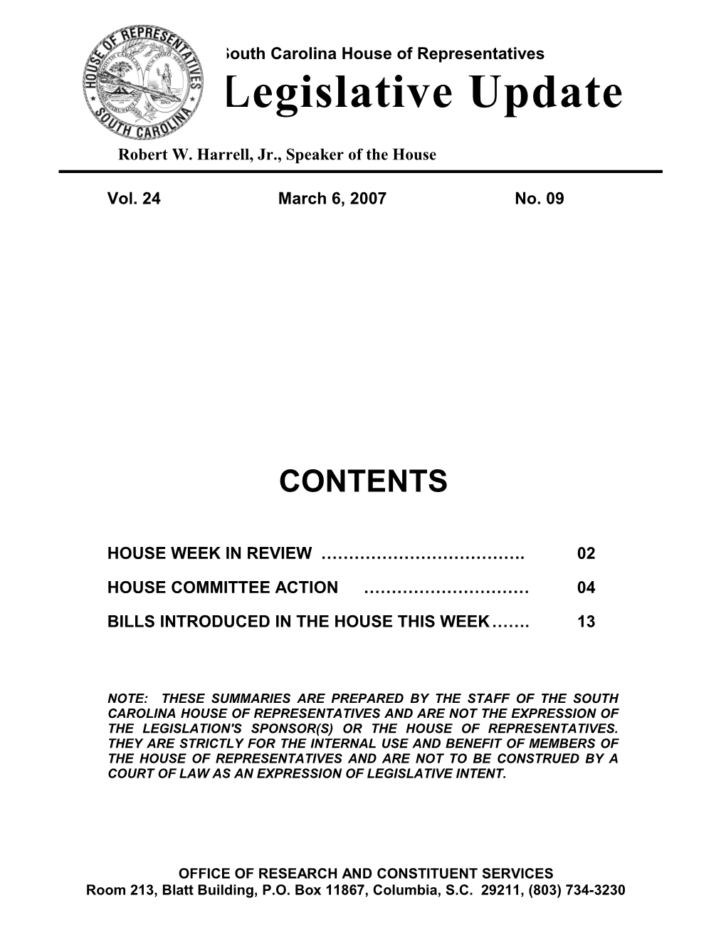 Legislative Update - Vol. 24 No. 09 March 6, 2007 - South Carolina Legislature Online