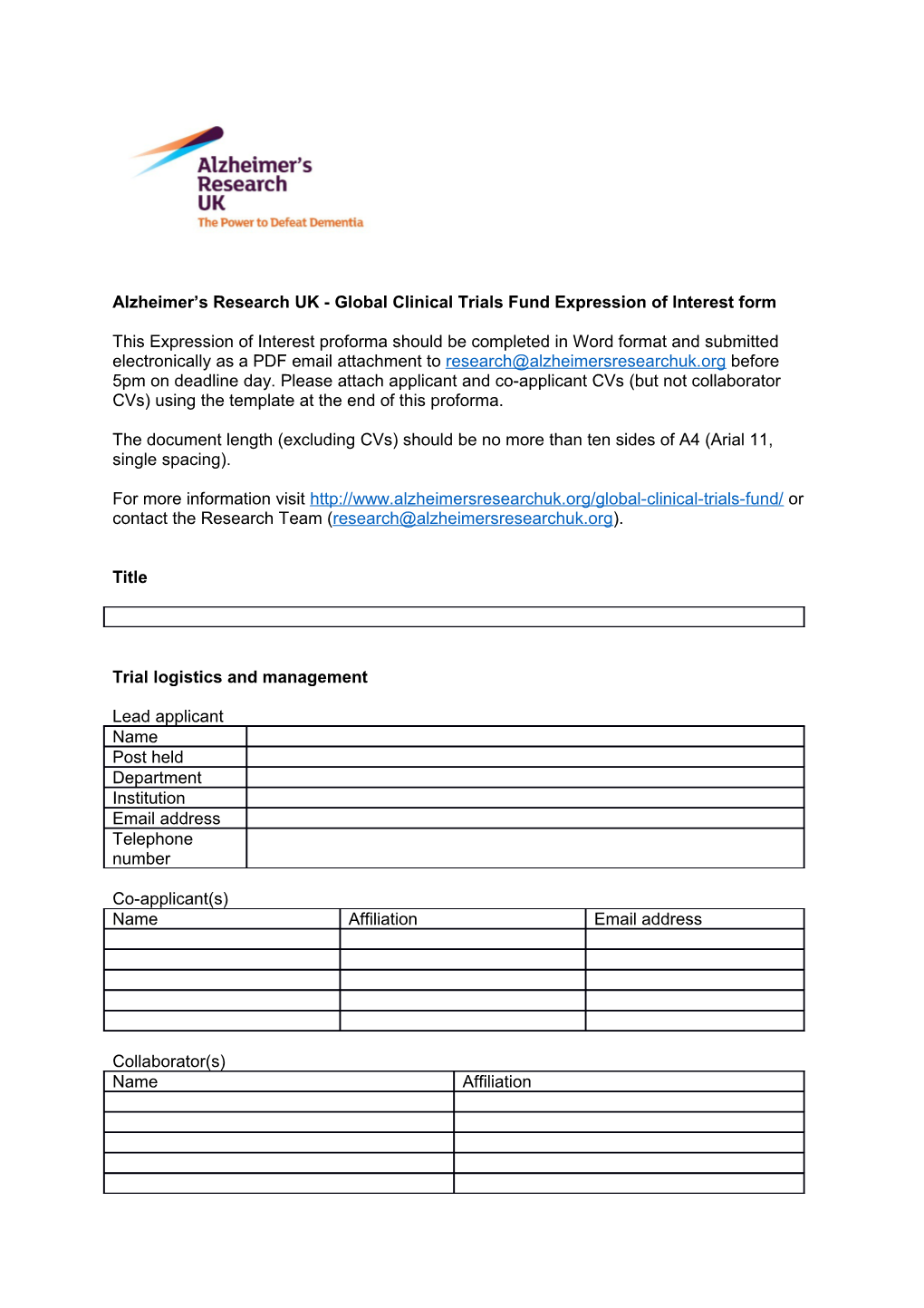 Alzheimer S Research UK - Global Clinical Trials Fund Expression of Interest Form