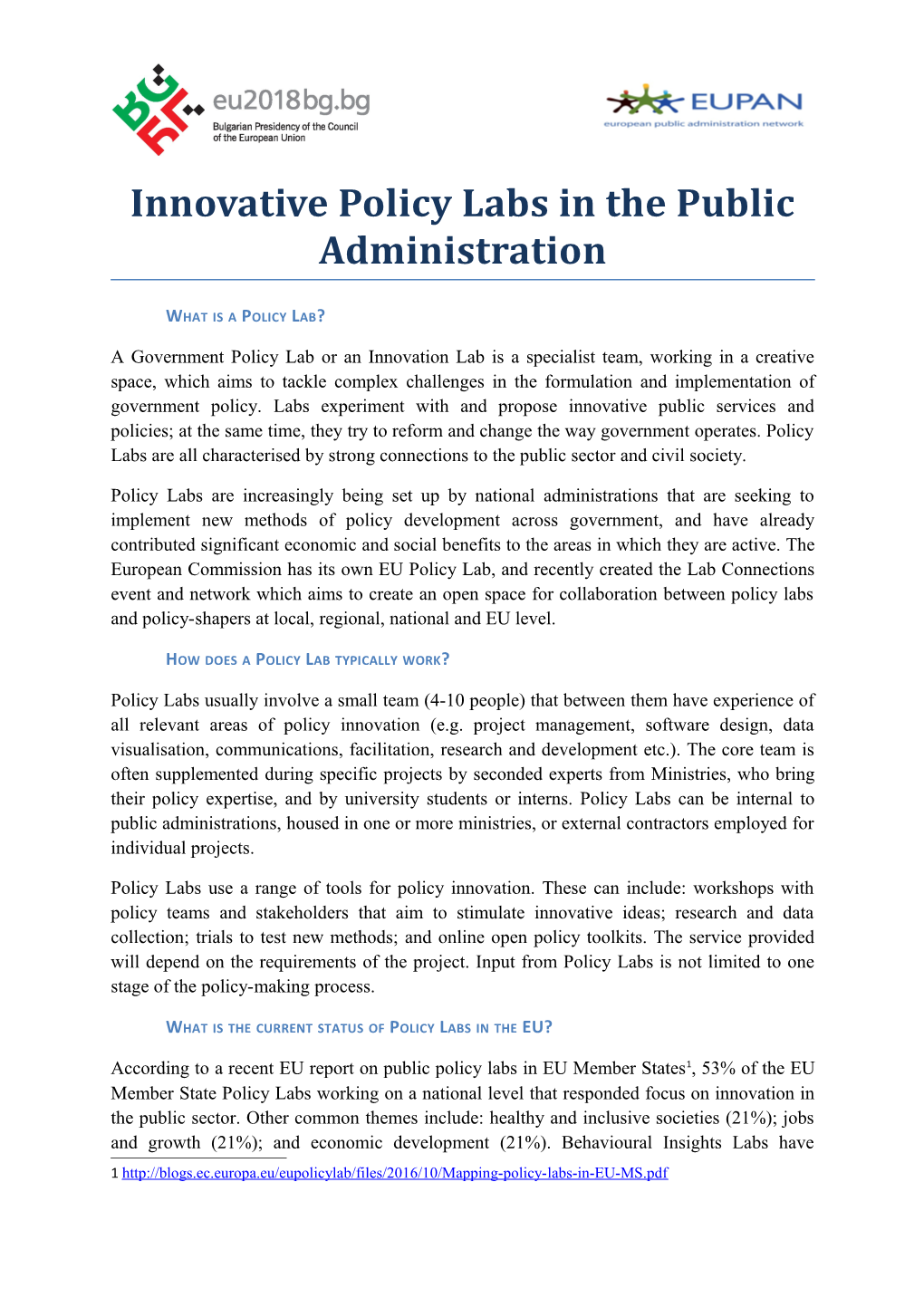 Innovative Policy Labs in the Public Administration