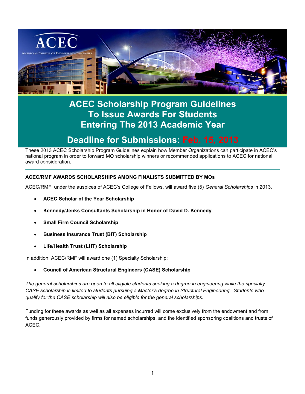 ACEC/RMF AWARDS SCHOLARSHIPS AMONG FINALISTS SUBMITTED by Mos