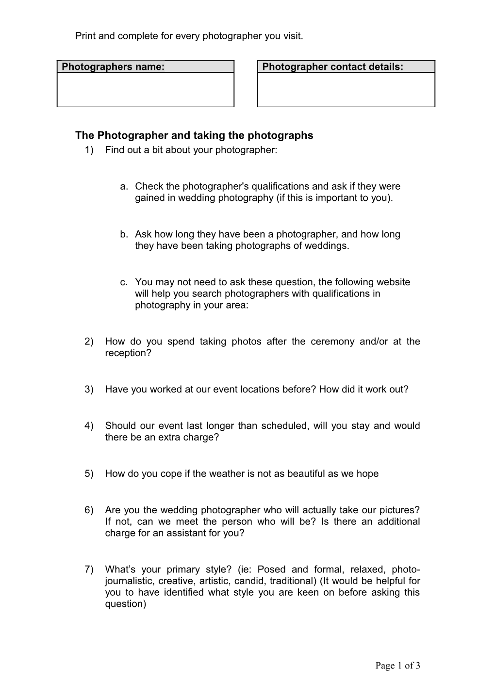 Template Questions for Photographer. Event Toolkit