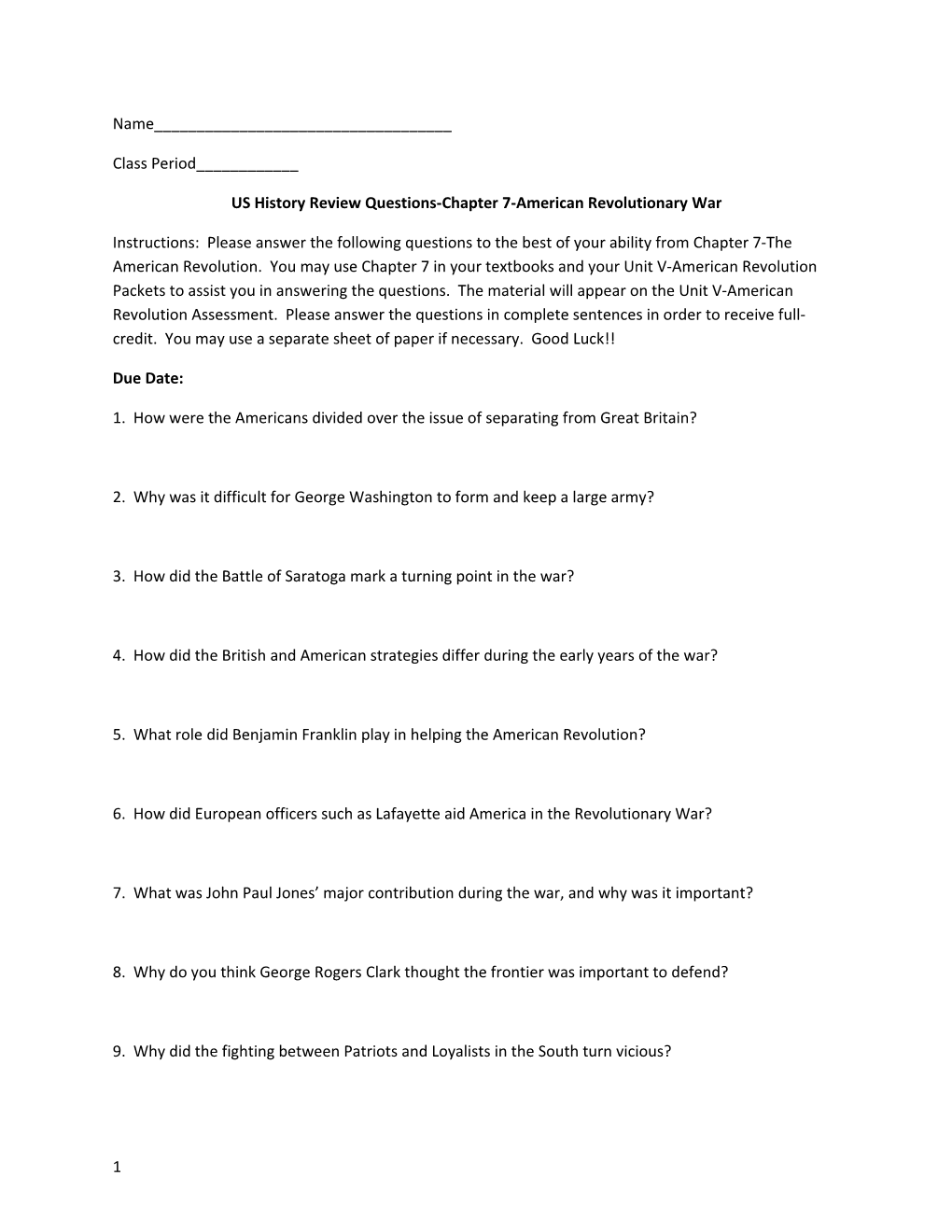 US History Review Questions-Chapter 7-American Revolutionary War