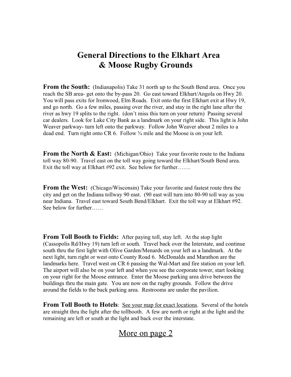 General Directions to the Elkhart Area