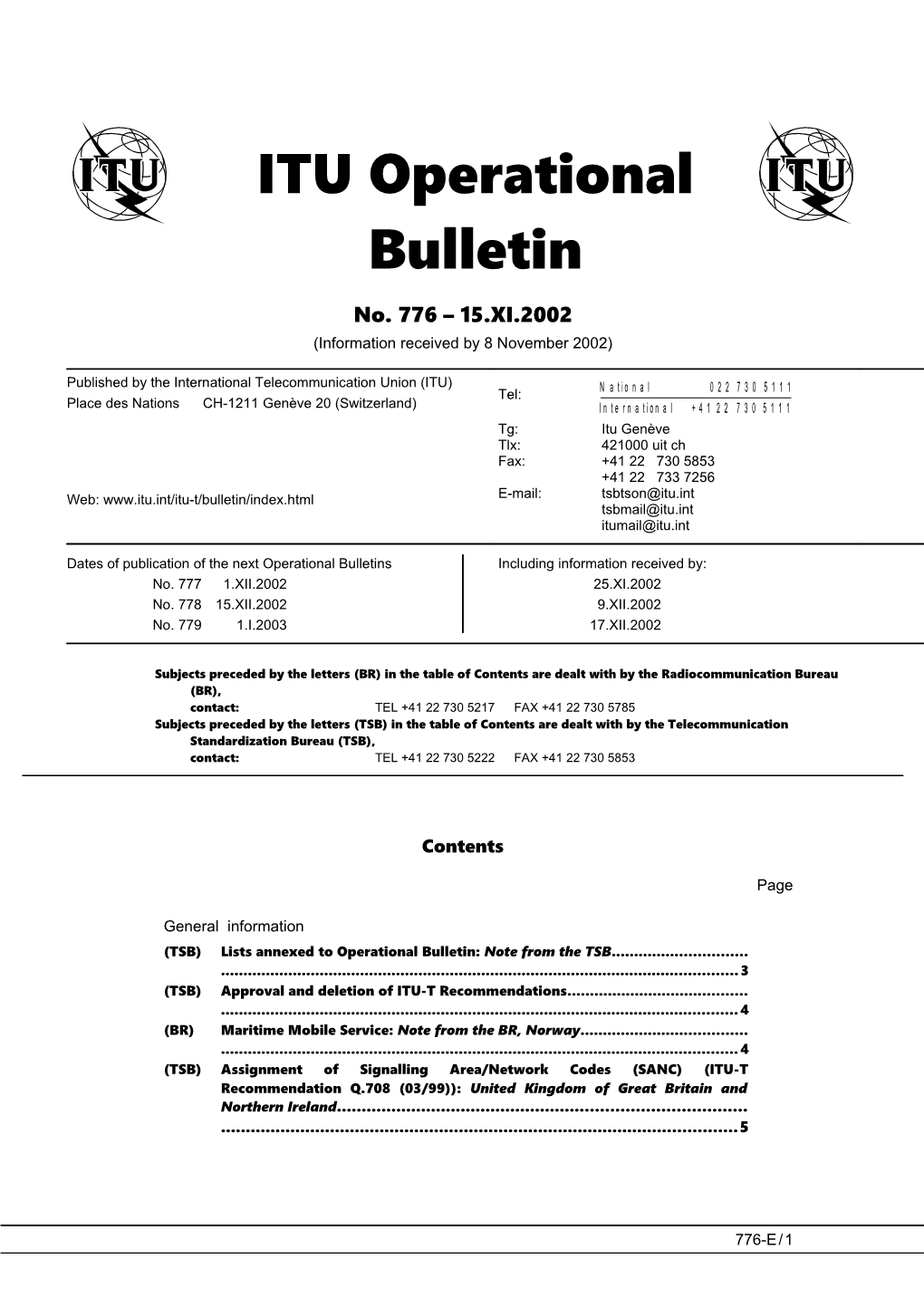ITU Operational Bulletin 776 - 15.XI.2002