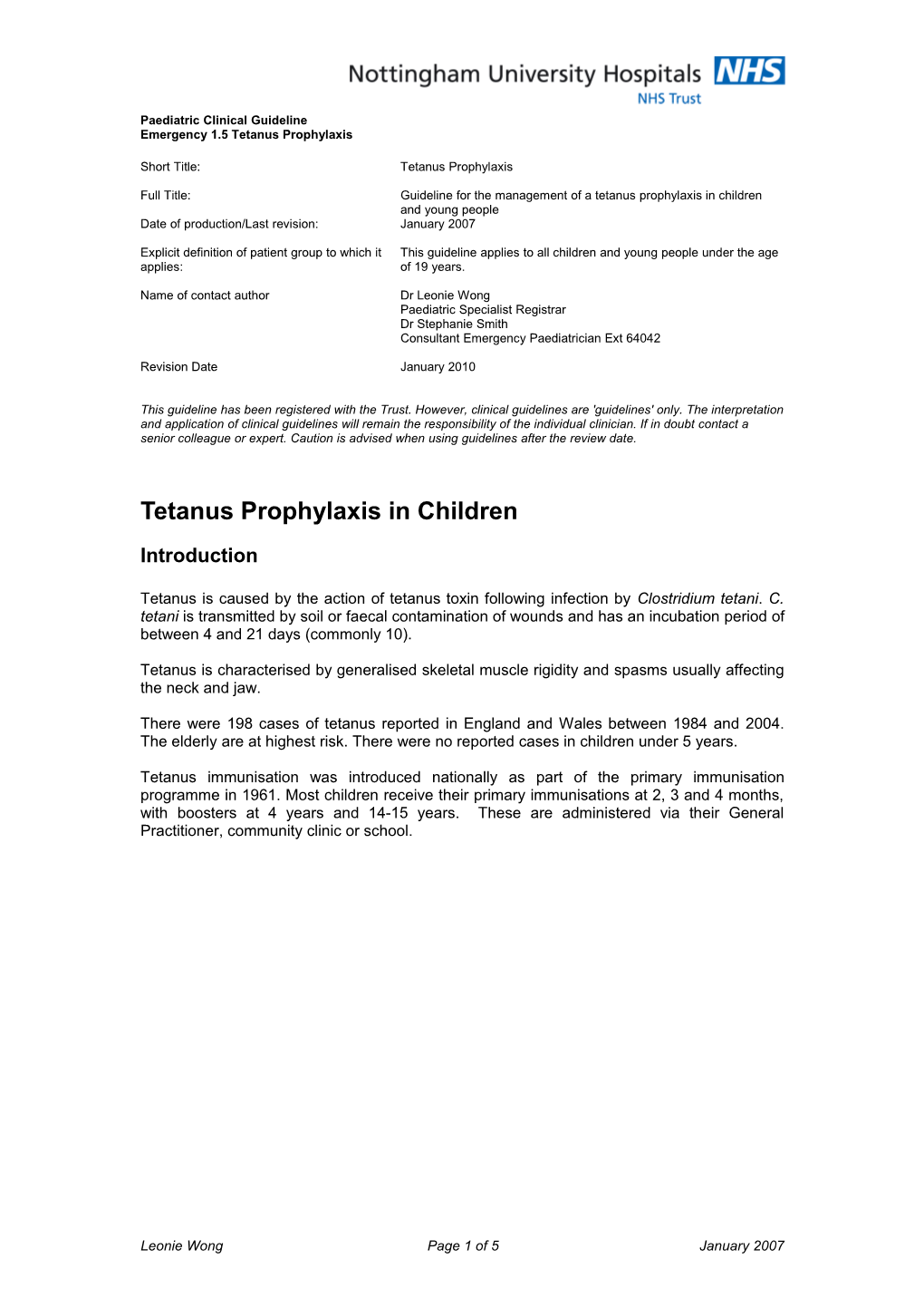 Tetanus Prophylaxis in Children