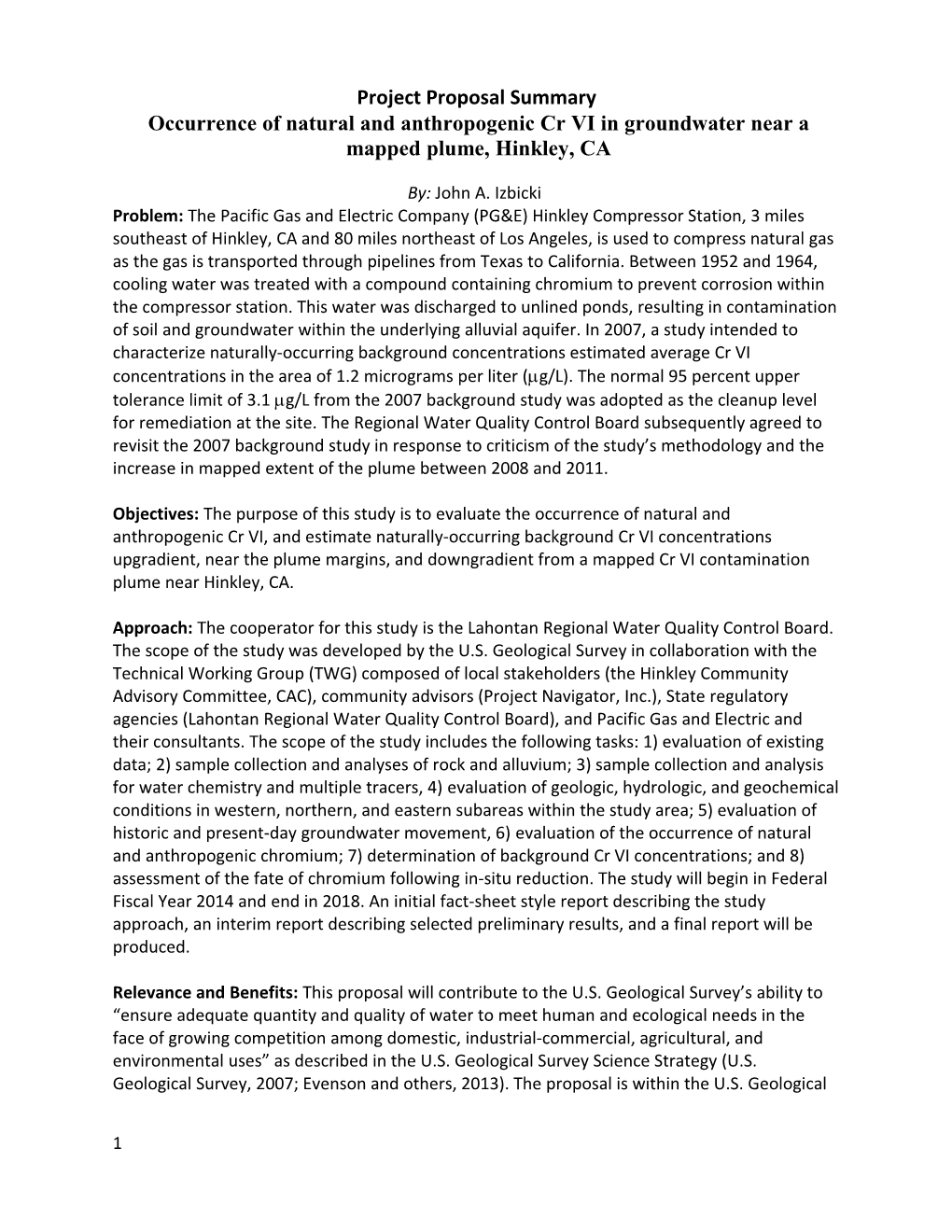 Occurrence of Natural and Anthropogenic Cr VI in Groundwater Near a Mapped Plume, Hinkley, CA