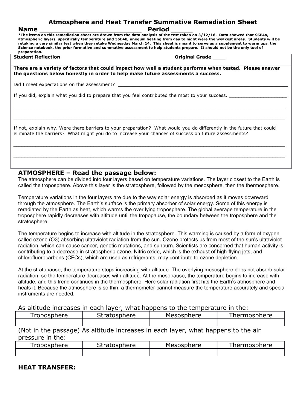 Atmosphere and Heat Transfer Summative Remediation Sheet