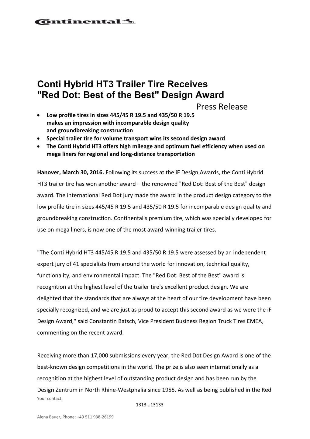 Conti Hybrid HT3 Trailer Tire Receives Red Dot: Best of the Best Design Award