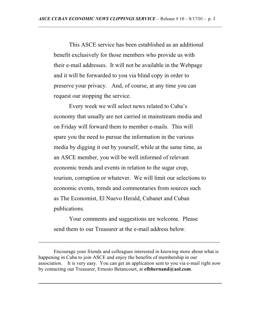 ASCE CUBAN ECONOMIC NEWS CLIPPINGS SERVICE Release # 10 8/17/01 - P. 1