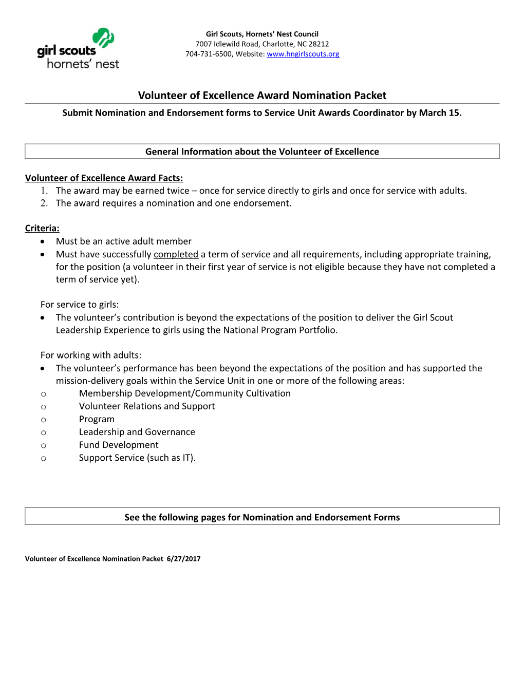 Volunteer of Excellence Award Nomination Packet