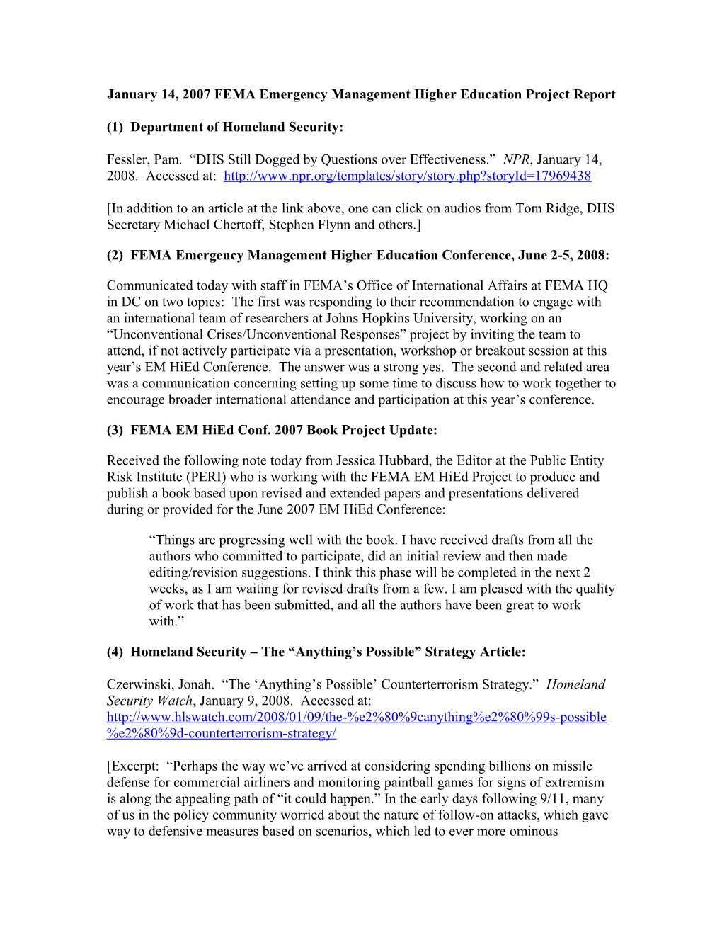 January 14, 2007 FEMA Emergency Management Higher Education Project Report