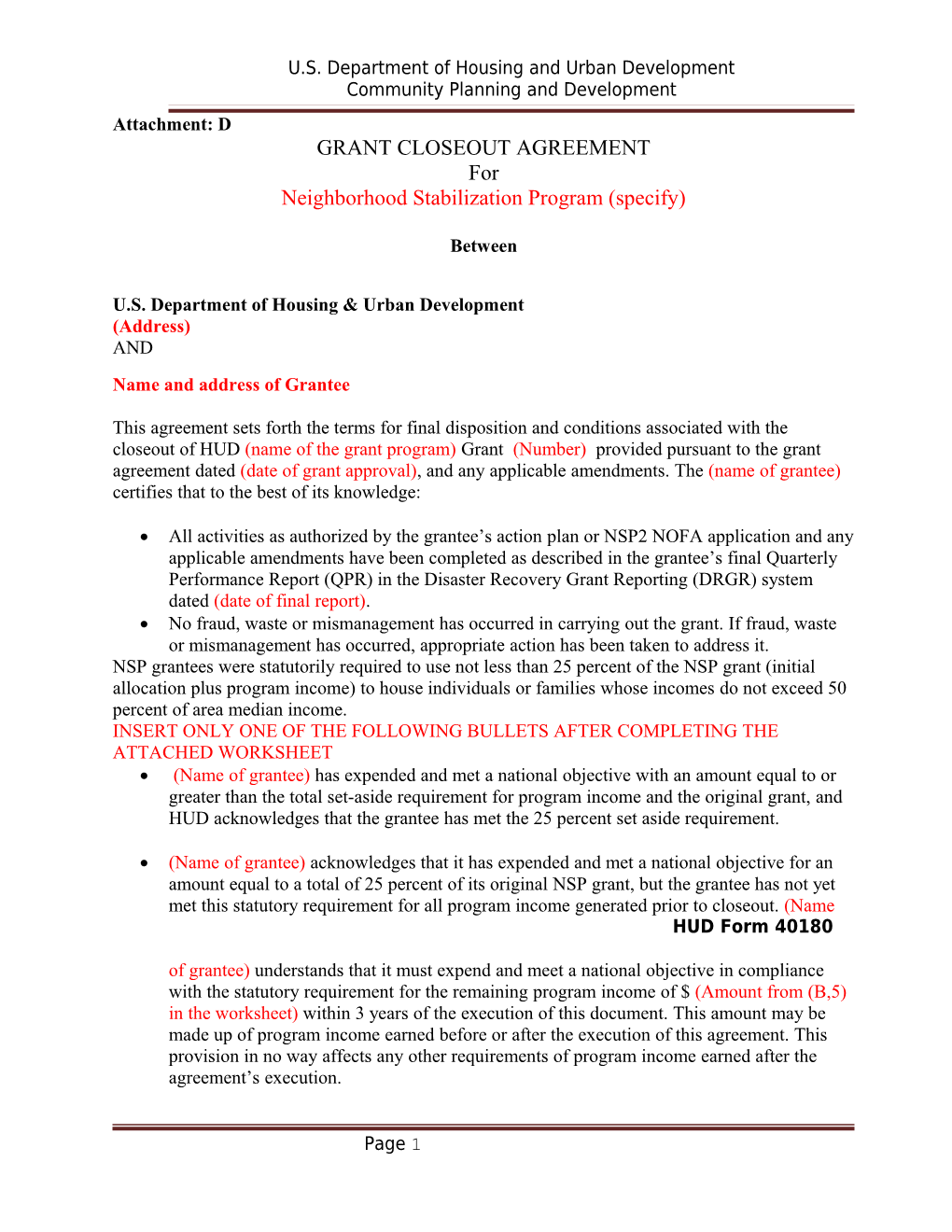 Attachment D - NSP Grant Closeout Agreement