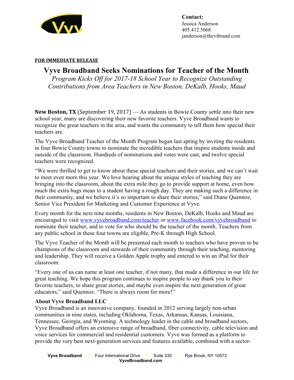 Vyvebroadband Seeks Nominations for Teacher of the Month