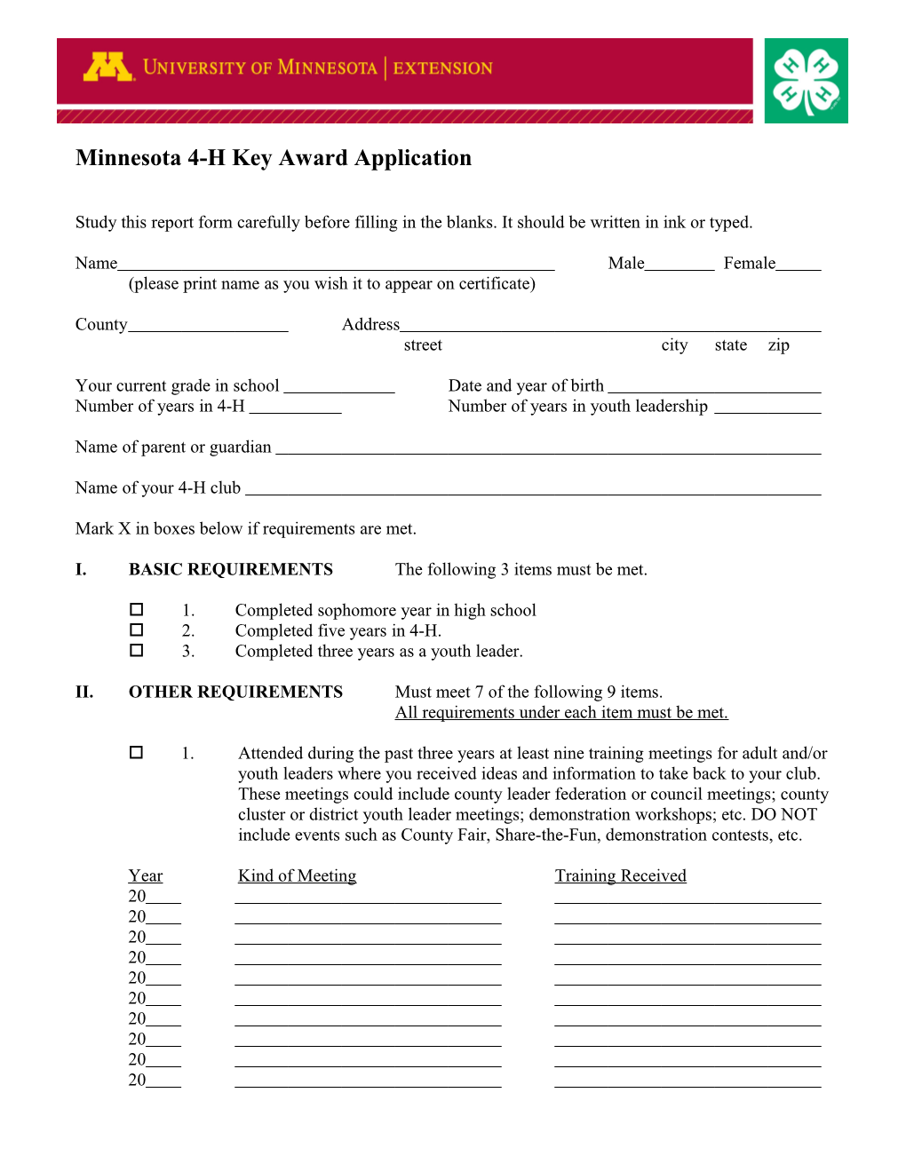 Minnesota 4-H Key Award Application