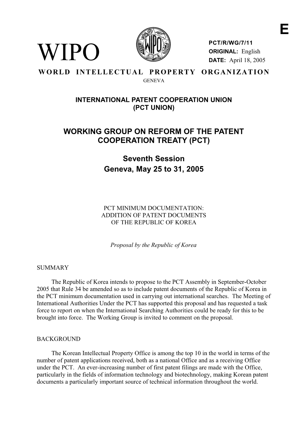 PCT/R/WG/7/11: PCT Minimum Documentation: Addition of Patent Doocuments of the Republic of Korea