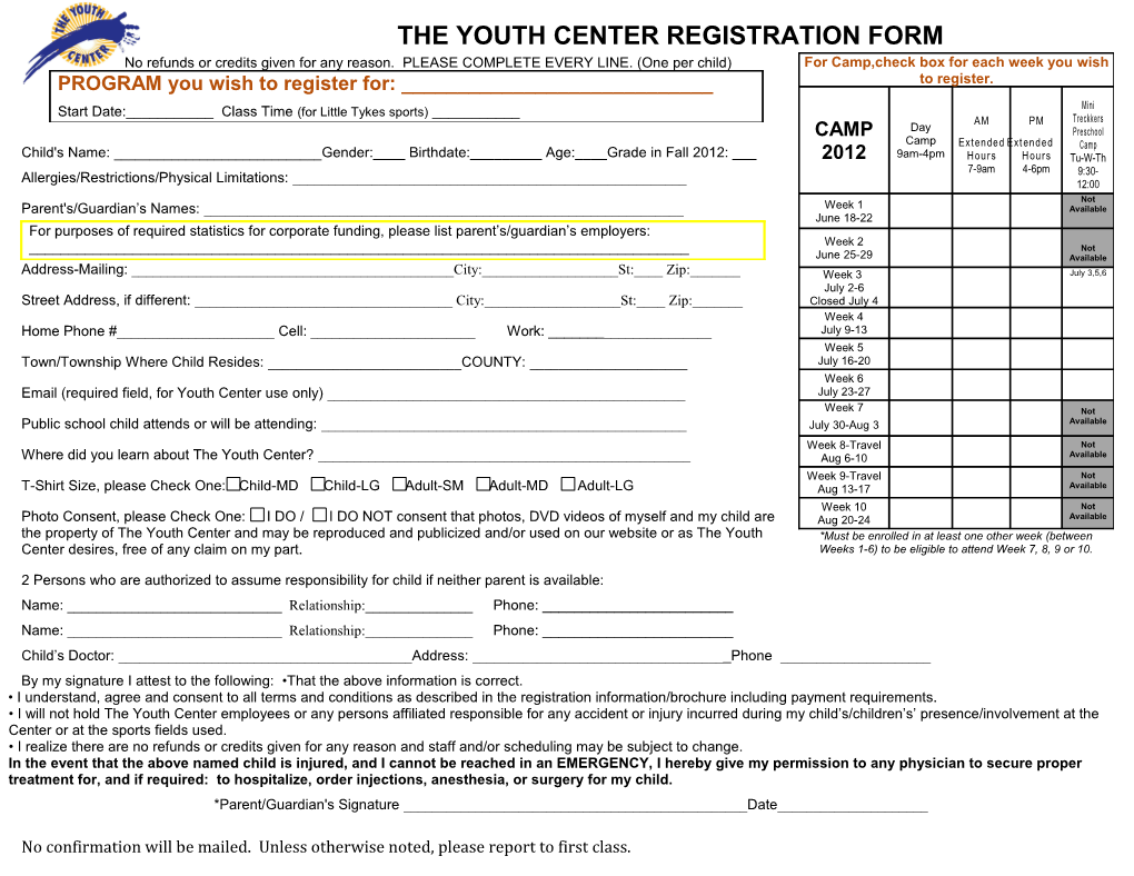The Youth Center Registration Form
