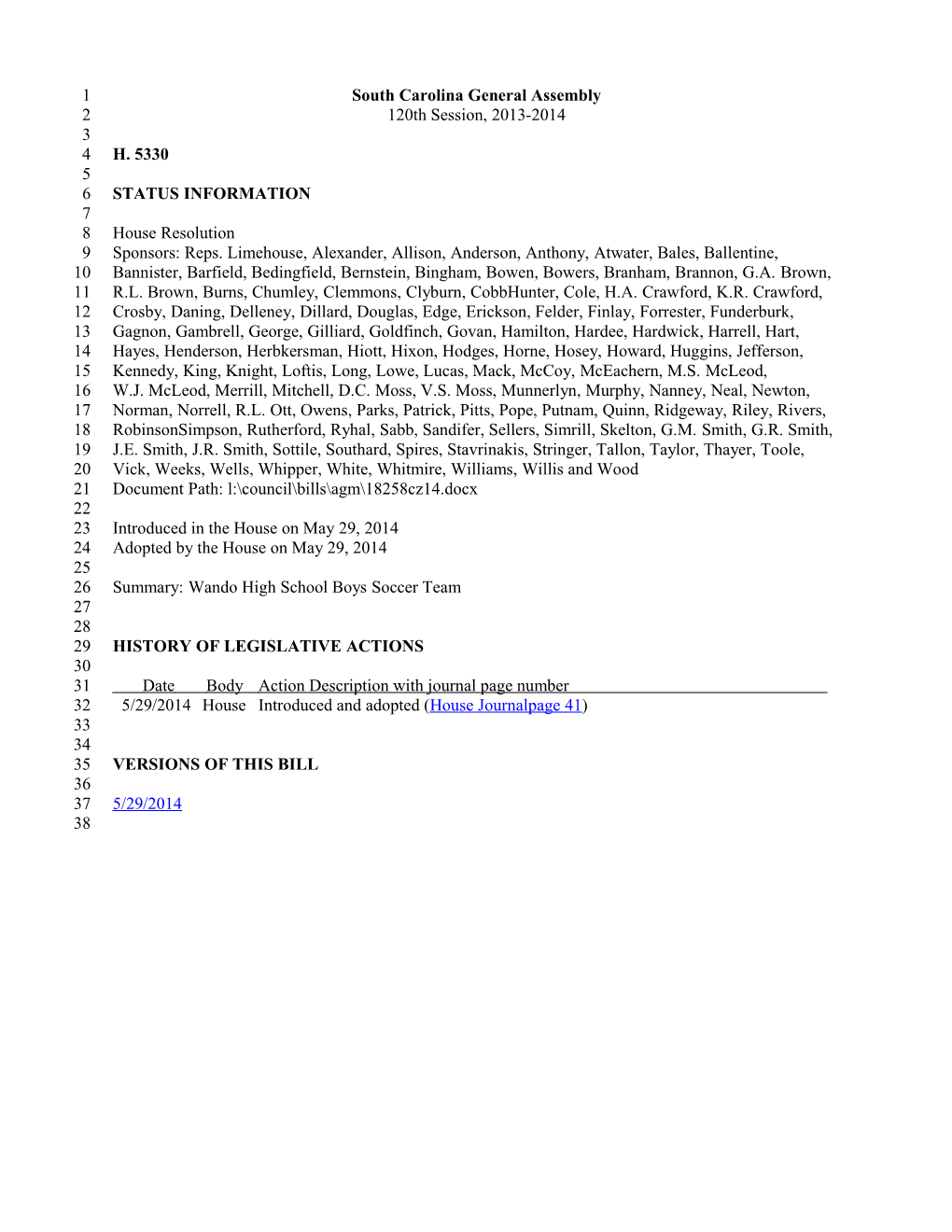 2013-2014 Bill 5330: Wando High School Boys Soccer Team - South Carolina Legislature Online