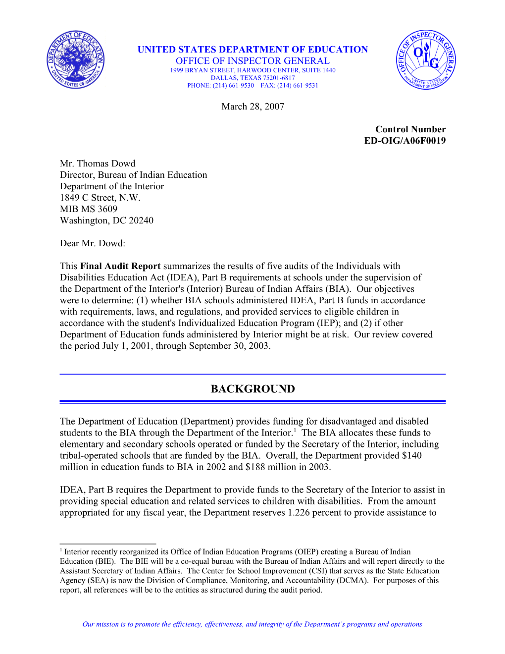 OIG Audit Report: Audits of the Individuals with Disabilities Education Act (IDEA) (MS Word)