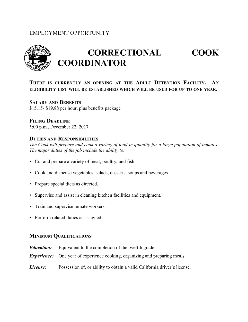 Correctional Cook Coordinator