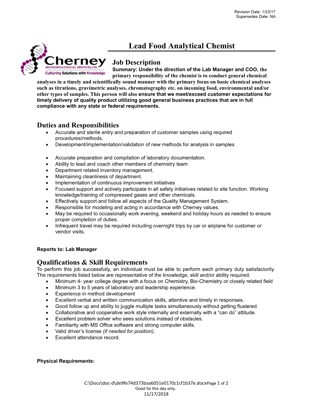 Lead Food Analytical Chemist