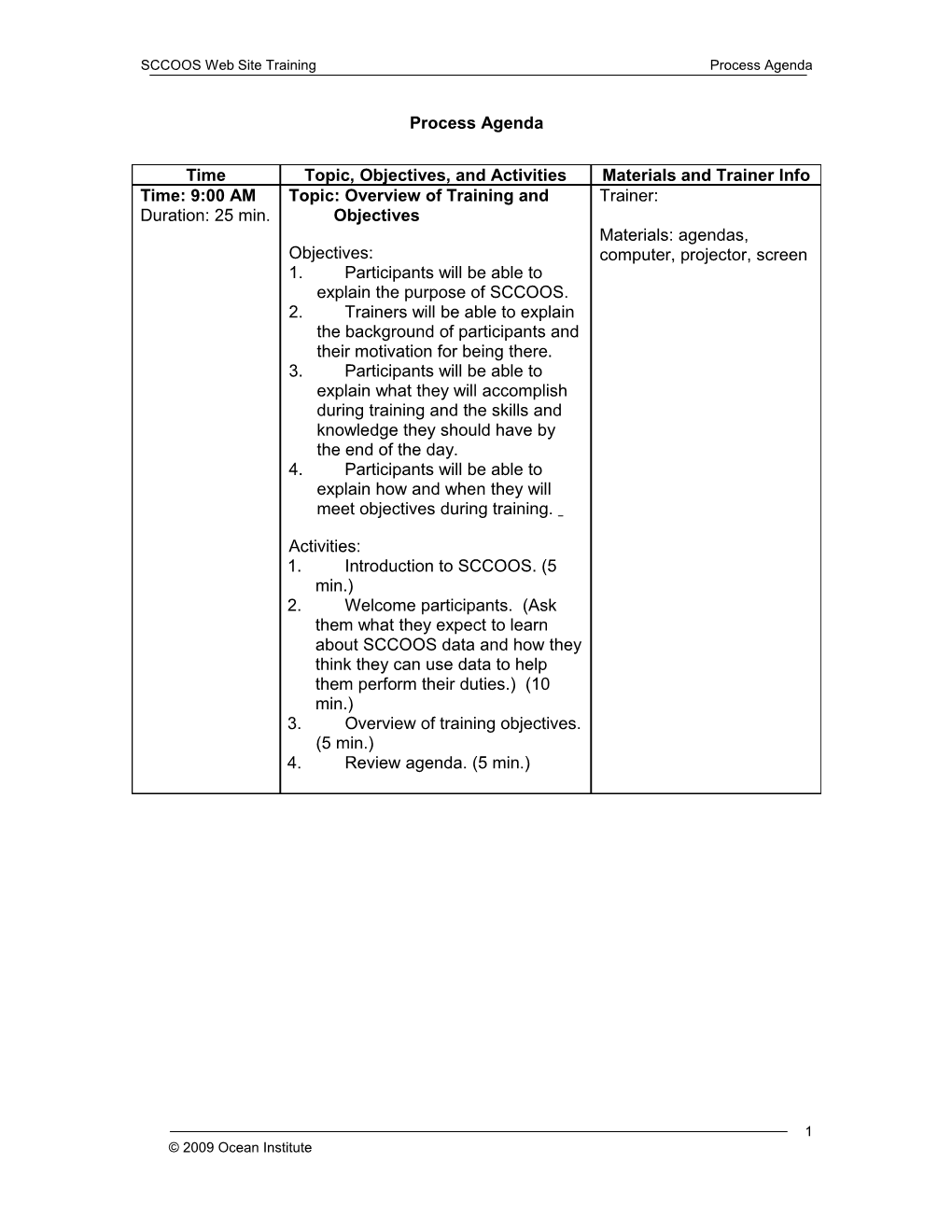 SCCOOS Training Performance Objectives