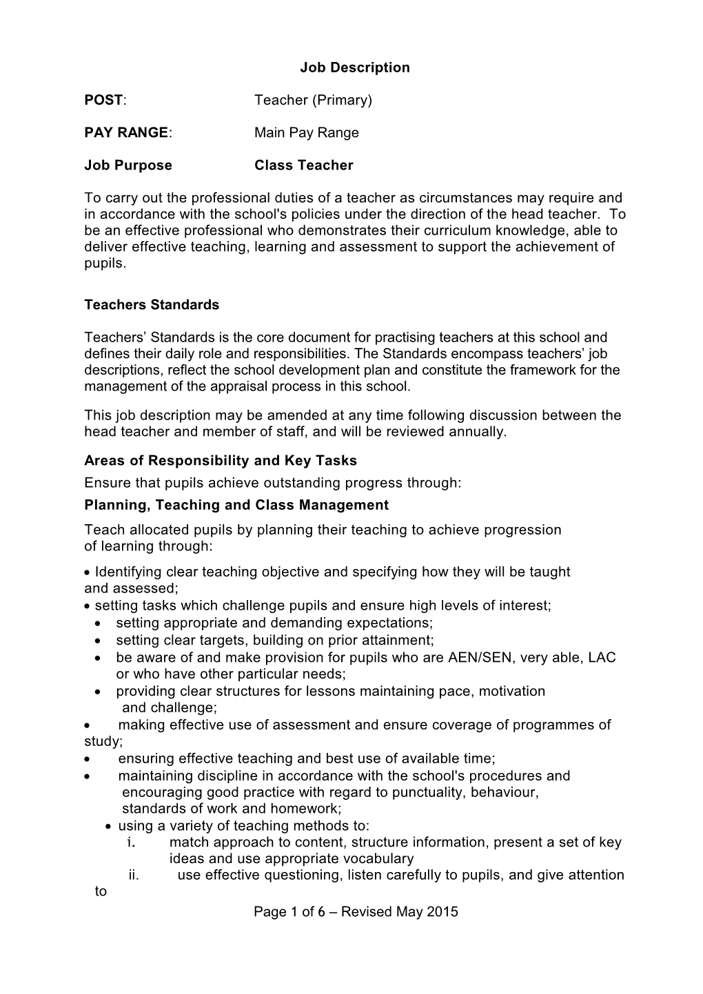 Primary Teacher - Job Description