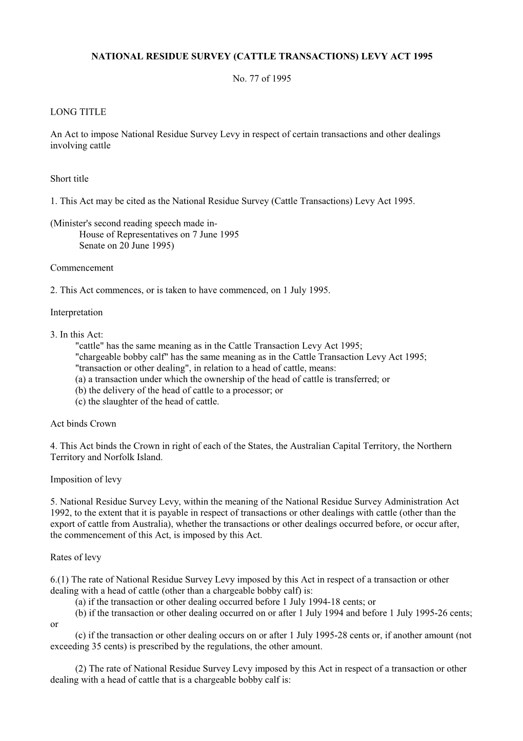 National Residue Survey (Cattle Transactions) Levy Act 1995