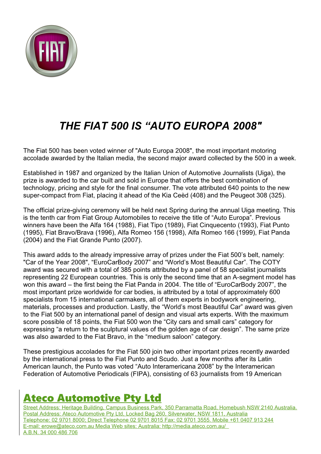 The Fiat 500 Is Auto Europa 2008